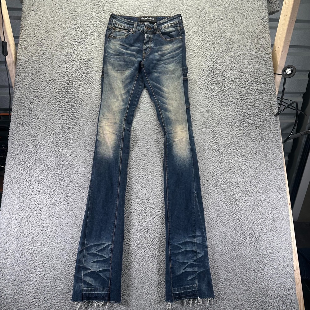 Valabasas Jeans Mens 28x42 Blue Cotton Denim Flared Button Fly Raw Hem Stretch